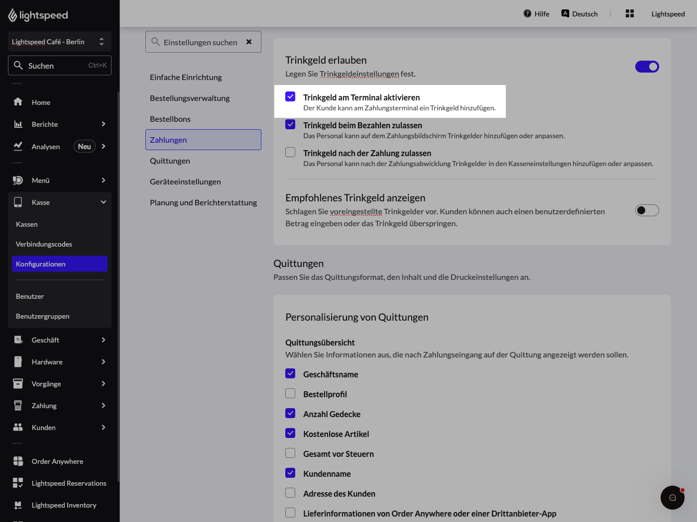 Die Backoffice-Seite „Konfiguration“ mit der hervorgehobenen Einstellung „Trinkgelder auf Terminals aktivieren, die diese Funktion unterstützen“.