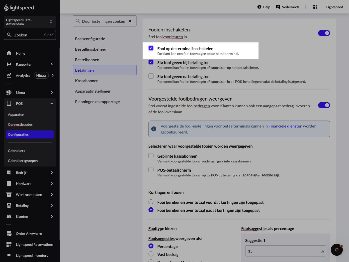 De backoffice-pagina 'Configuratie' met de instelling 'Schakel fooi geven in op terminal, indien ondersteund' gemarkeerd.