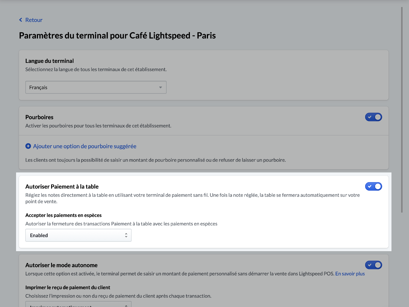 L’image montre la page des paramètres pour tous les terminaux de paiement associés à cet établissement. La section 'Autoriser Paiement à la table' est mise en surbrillance.