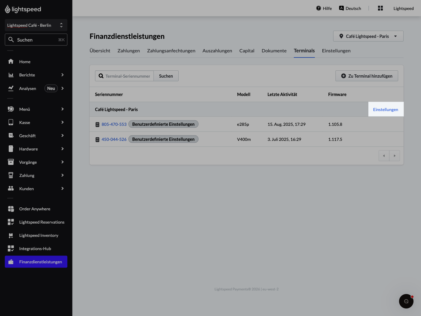 Das Bild zeigt die Terminalseiteim Lightspeed Backoffice. Die Schaltfläche „Einstellungen“ wurde hervorgehoben.