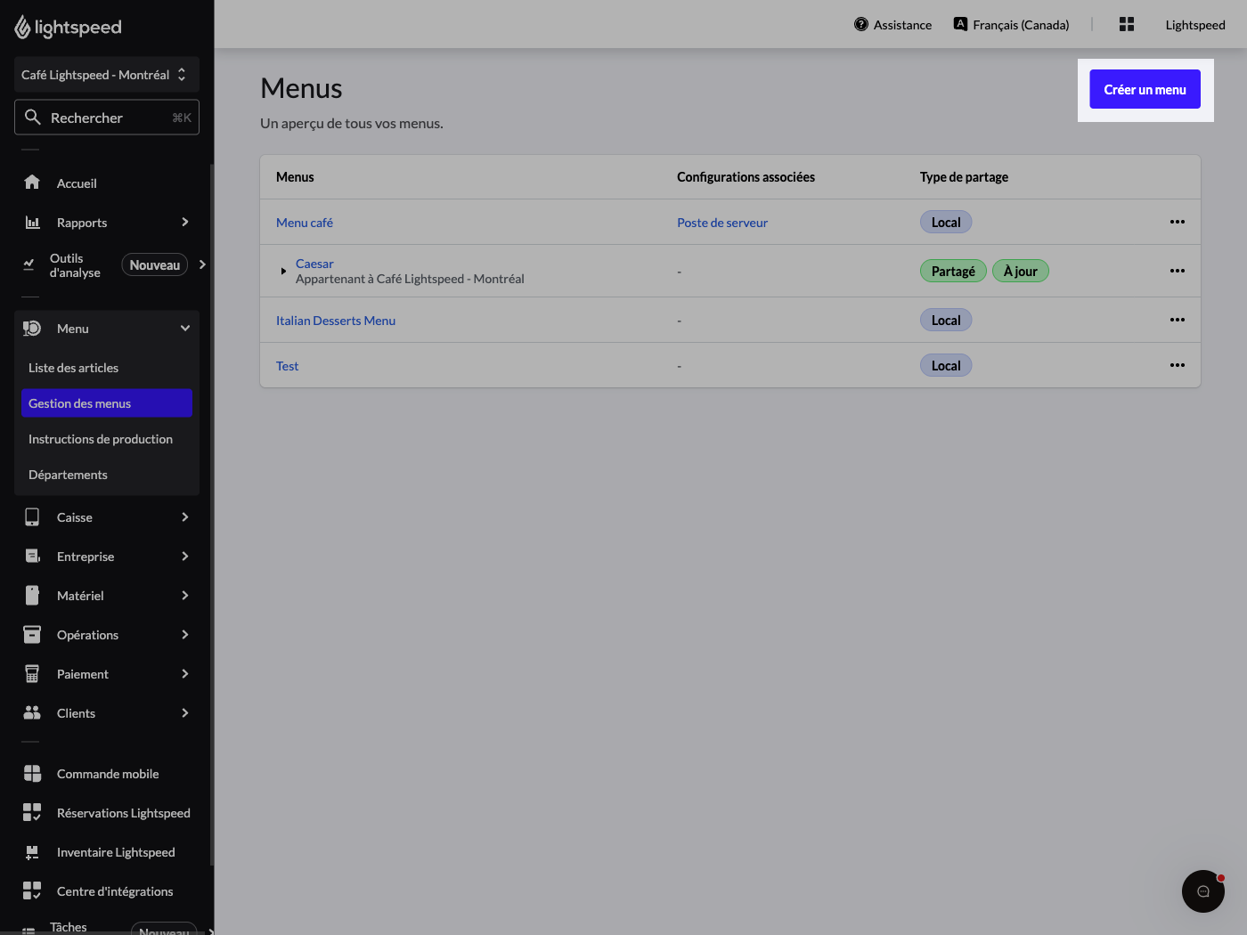 Menu screen with the Create new menu button higlighted