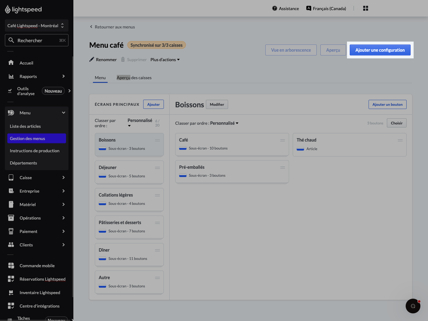 Menu screen with the Add configuration button highlighted