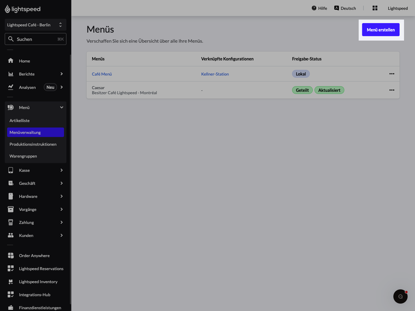 Menu screen with the Create new menu button higlighted