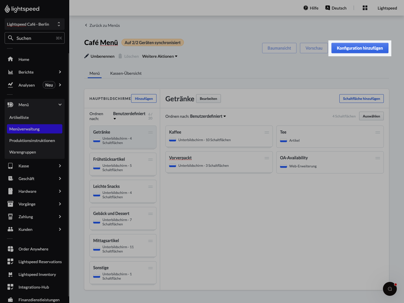 Menu screen with the Add configuration button highlighted