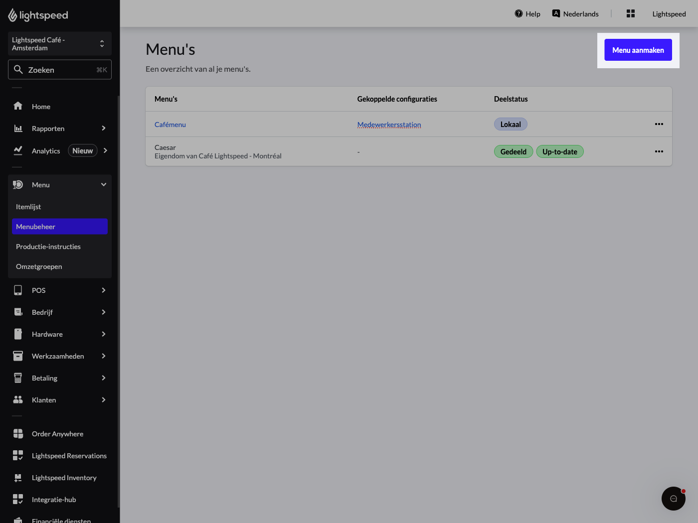 Menu screen with the Create new menu button higlighted