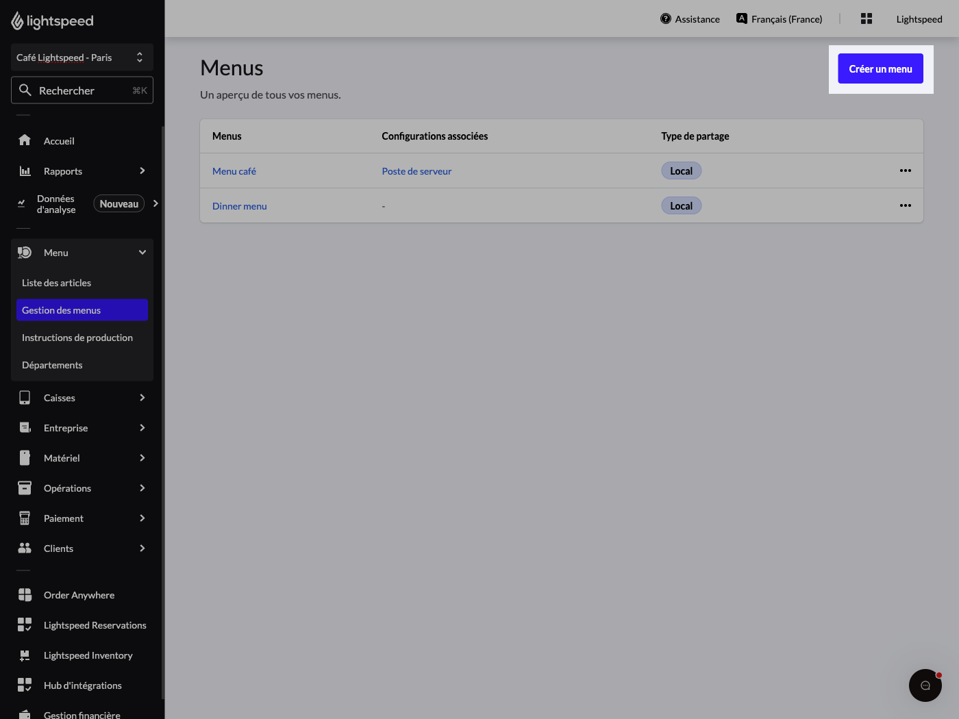 Menu screen with the Create new menu button higlighted