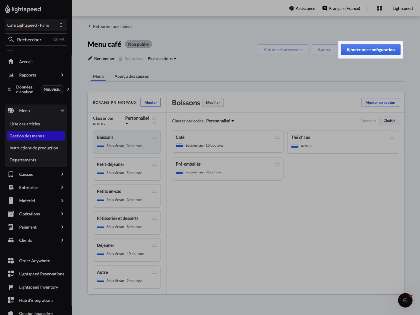 Menu screen with the Add configuration button highlighted