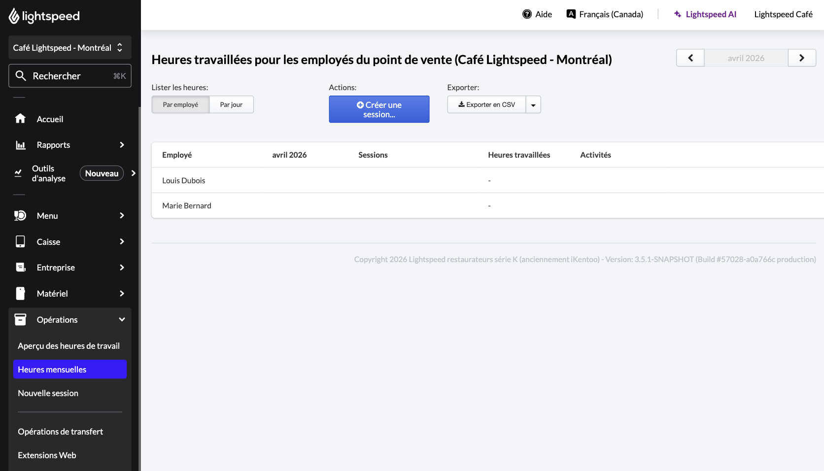 Page Heures mensuelles dans Lightspeed restaurateurs.
