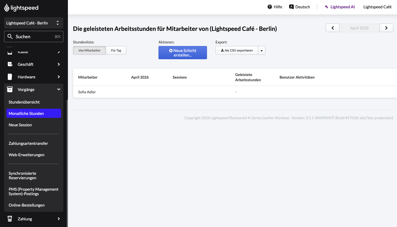 Die Seite mit den monatlichen Stunden in Lightspeed Restaurant.