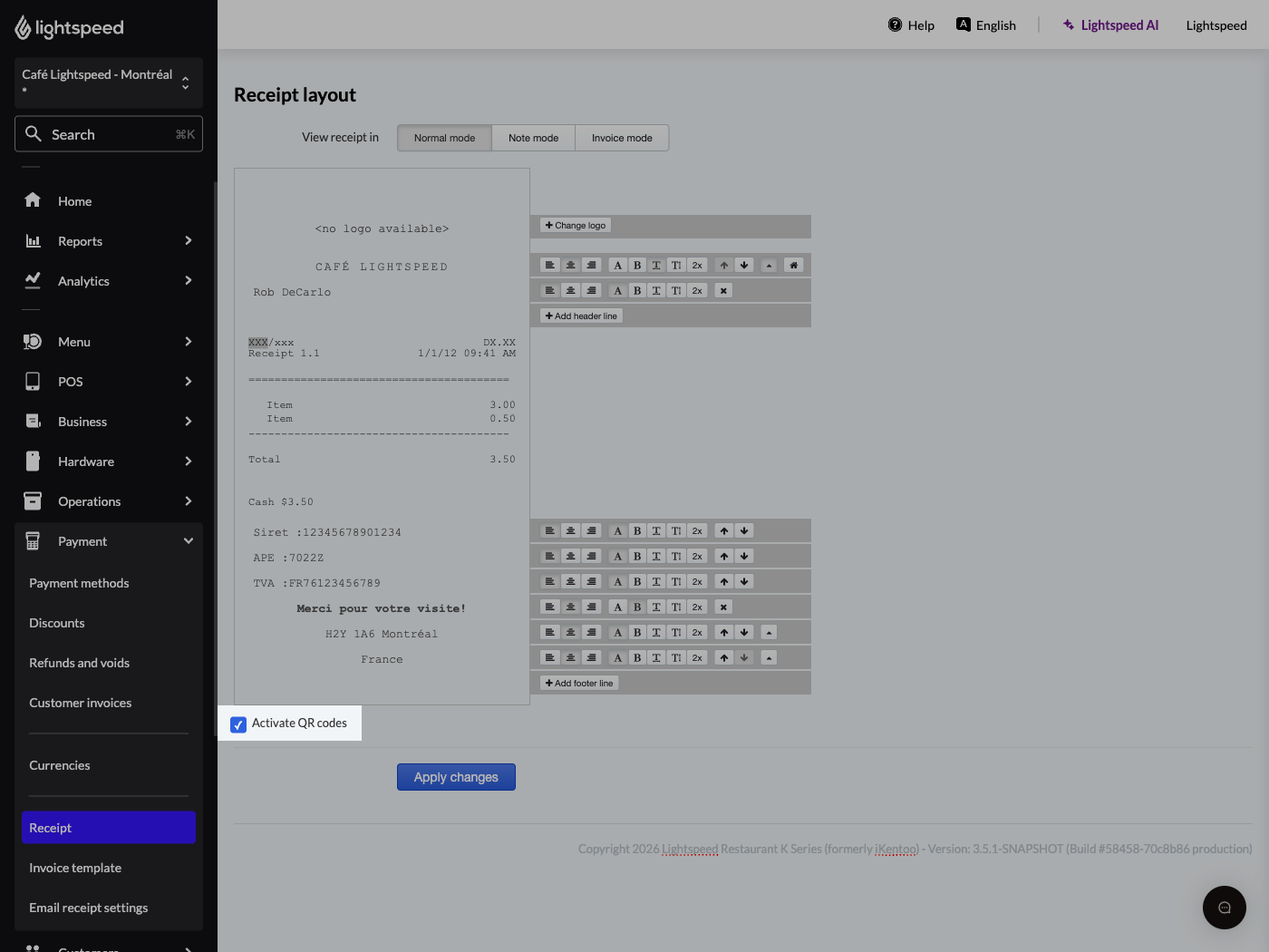 Receipt settings page with "Activate QR codes" checked.