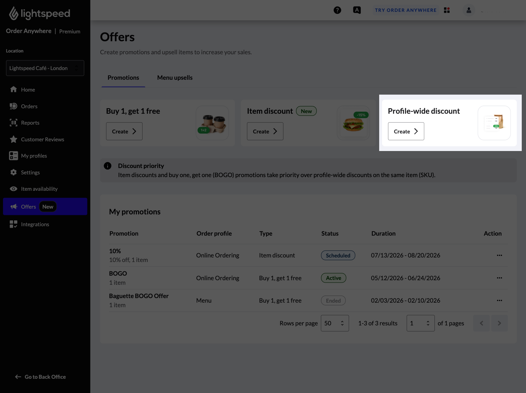 La page Offres dans Commande mobile avec la vignette 'Rabais applicable à un profil donné' mise en surbrillance