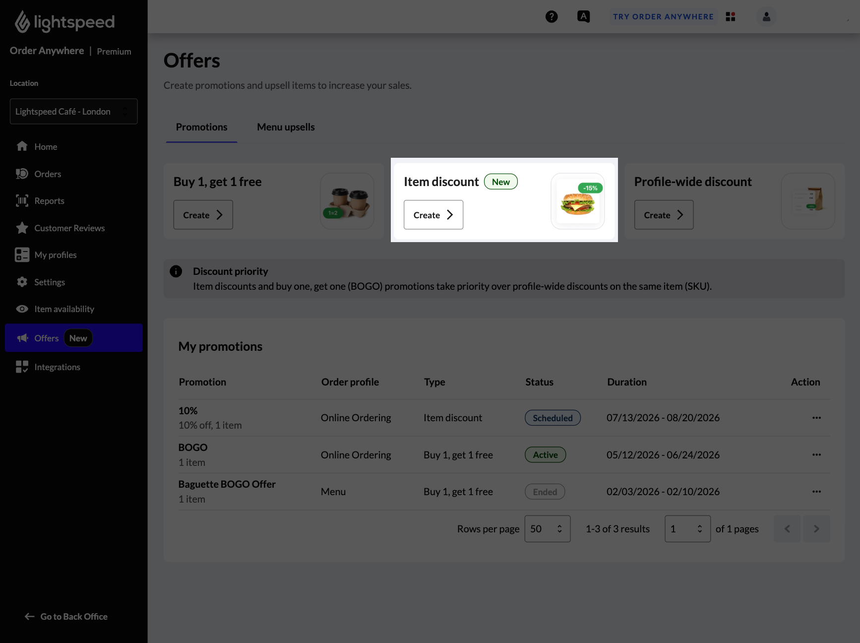 La page Offres dans Commande mobile avec la section 'Rabais sur un article' mise en surbrillance