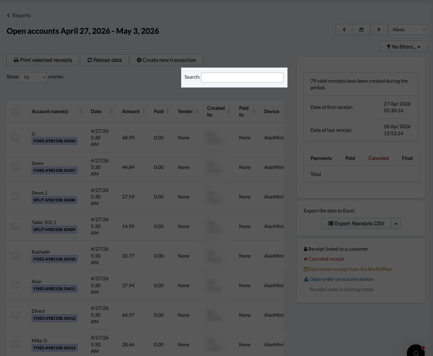 L’option de recherche vous permettra d’effectuer une recherche par nom de compte, somme, personne à l’origine de la vente, personne ayant encaissé la vente, caisse, compte ou référence.