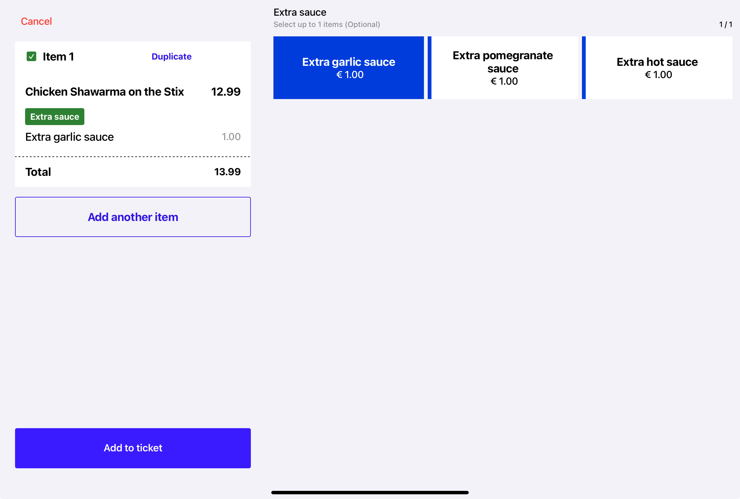 Een voorbeeld van een POS-bestelling met aanpassingen