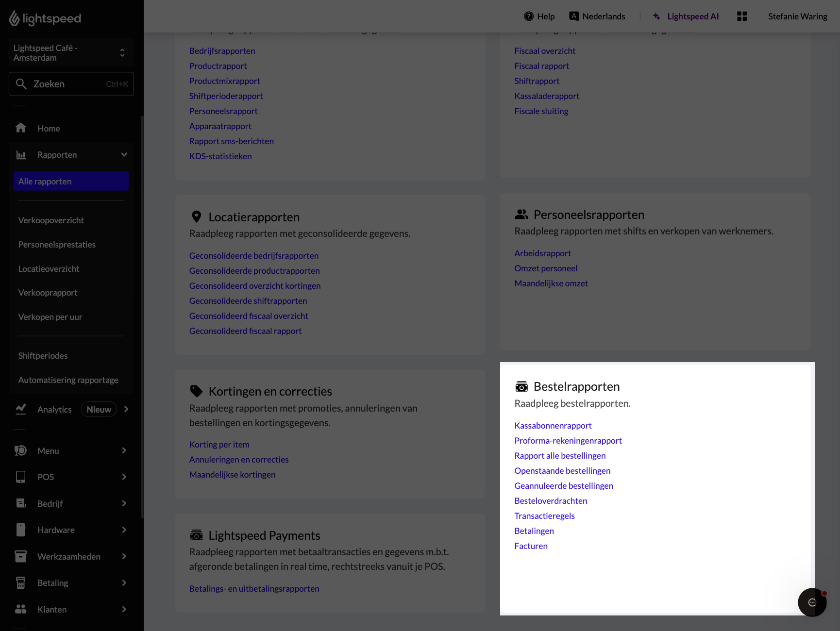 Afbeelding van de startpagina voor rapporten in de backoffice van Lightspeed Restaurant. Het gedeelte 'Bestelrapporten' is gemarkeerd.