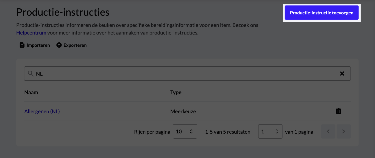Productie-instructies met de knop Productie-instructie toevoegen uitgelicht
