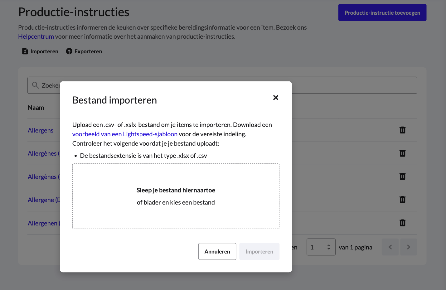 Pop-upvenster voor het importeren van een productie-instructiebestand