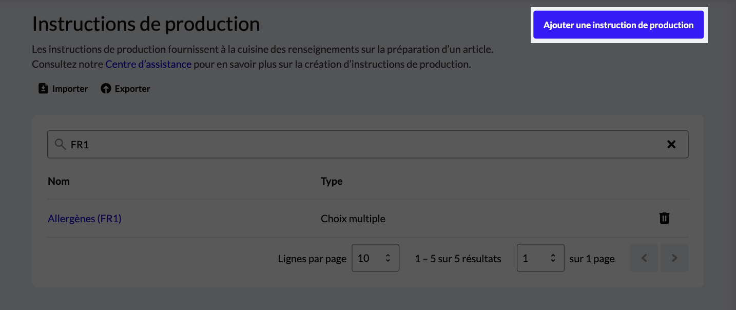 Page Instructions de production où le bouton Ajouter une instruction de production est mis en évidence