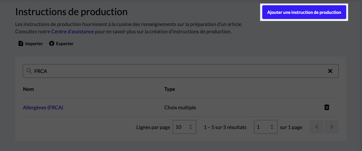 Page Instructions de production où le bouton Ajouter une instruction de production est mis en évidence