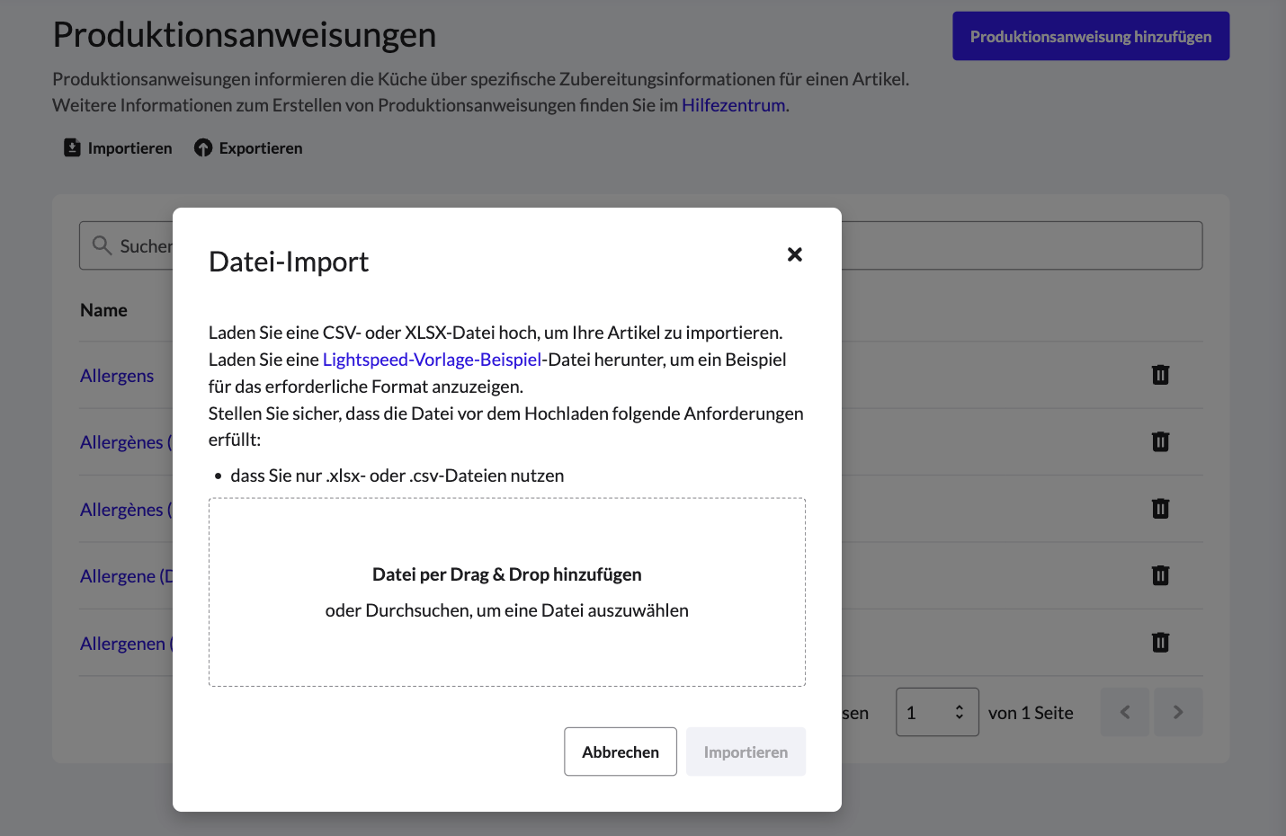 Popup-Fenster zum Importieren von Produktionsanweisungen