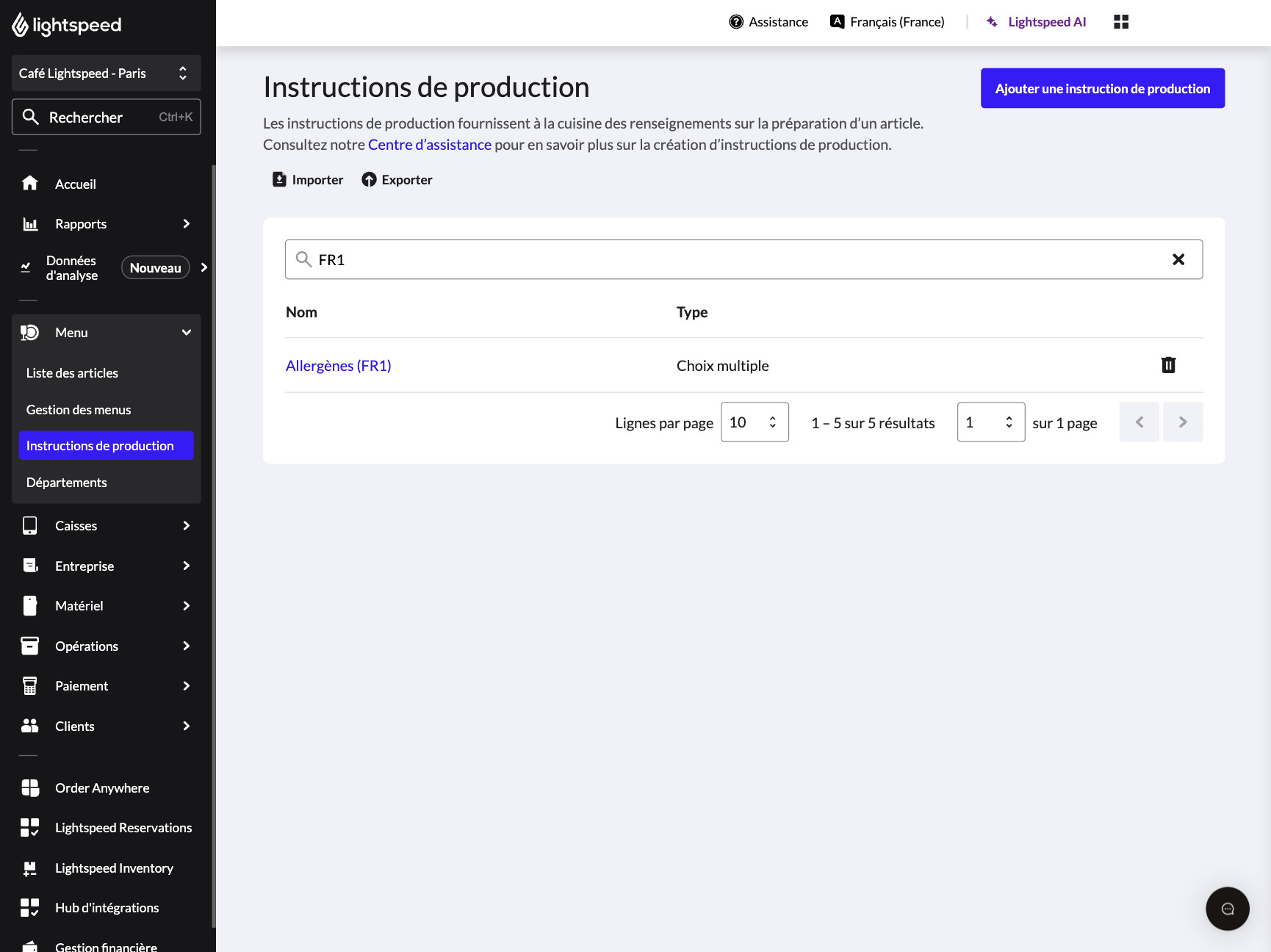 Page principale Instructions de production
