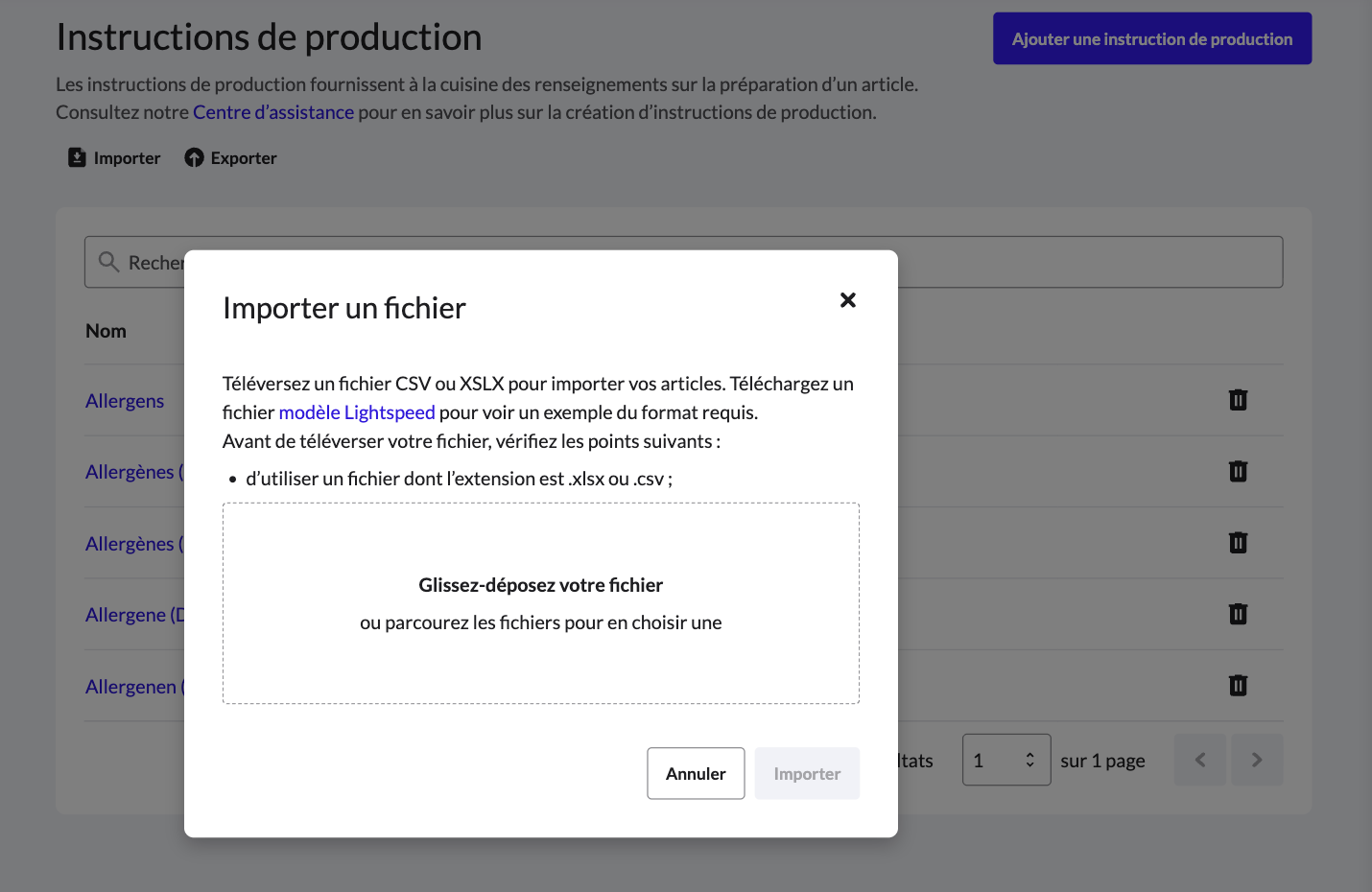 Fenêtre contextuelle Importer un fichier pour les instructions de production
