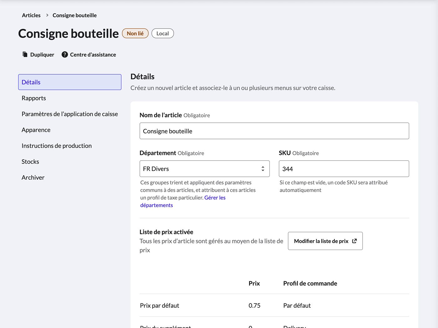 Paramètres des consignes de bouteilles