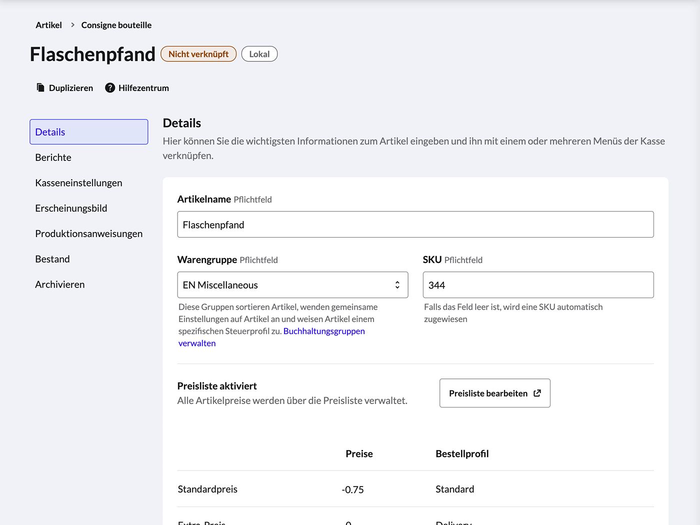 Einstellungen für Flaschenpfanderstattung