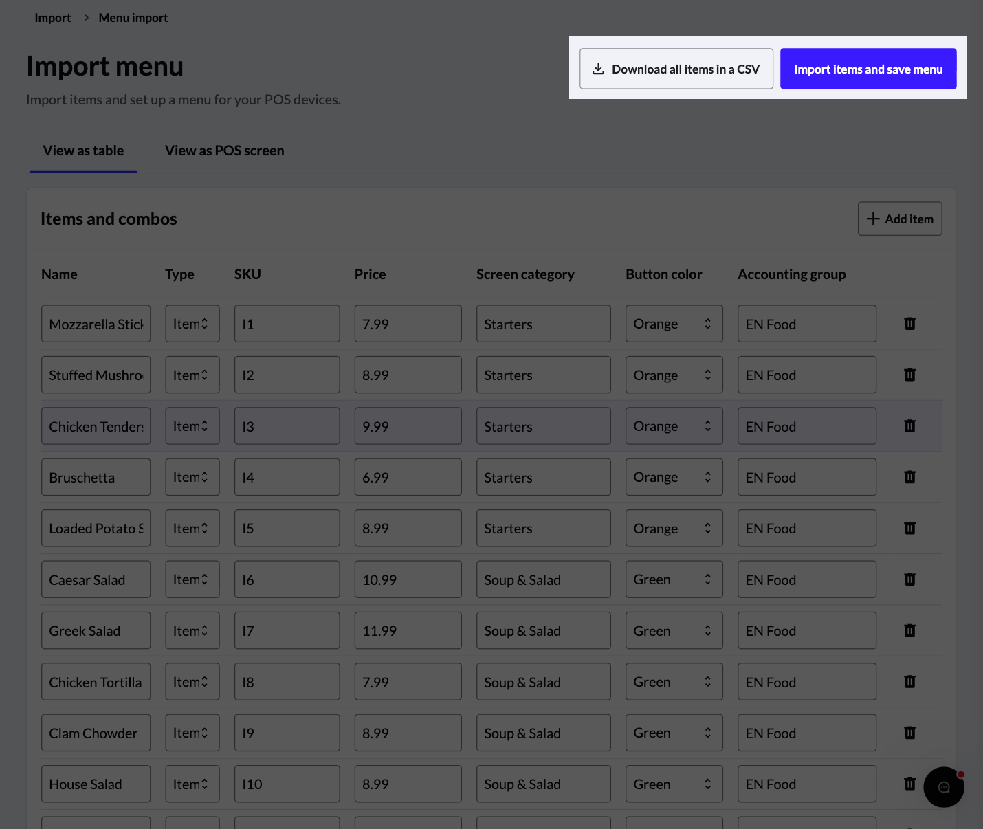 De knoppen 'Items importeren en menu opslaan' en 'Alle items downloaden als CSV' zijn gemarkeerd