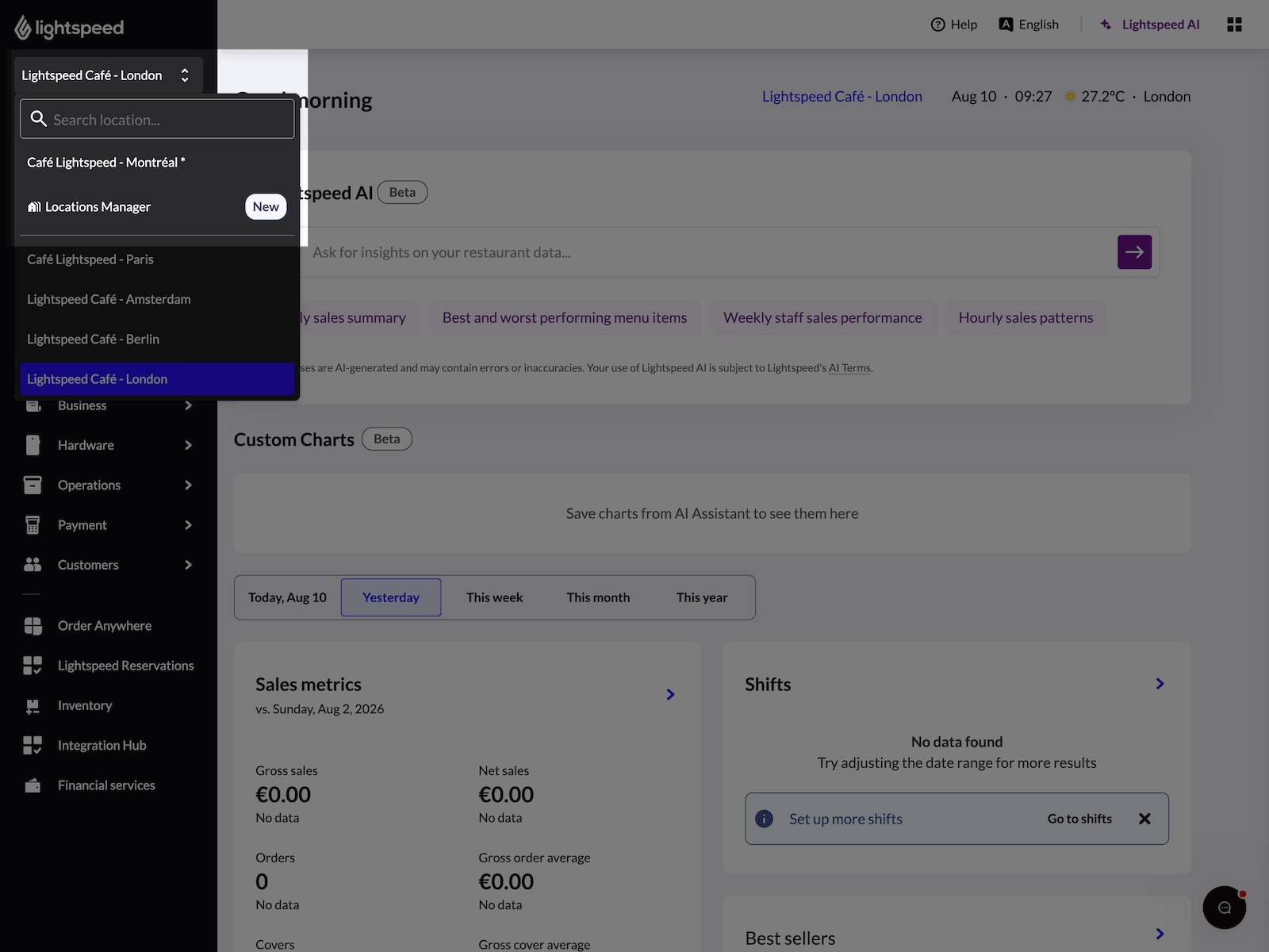 Homepage of the Back Office with the location switcher highlighted and 'Locations Manager' as an option.