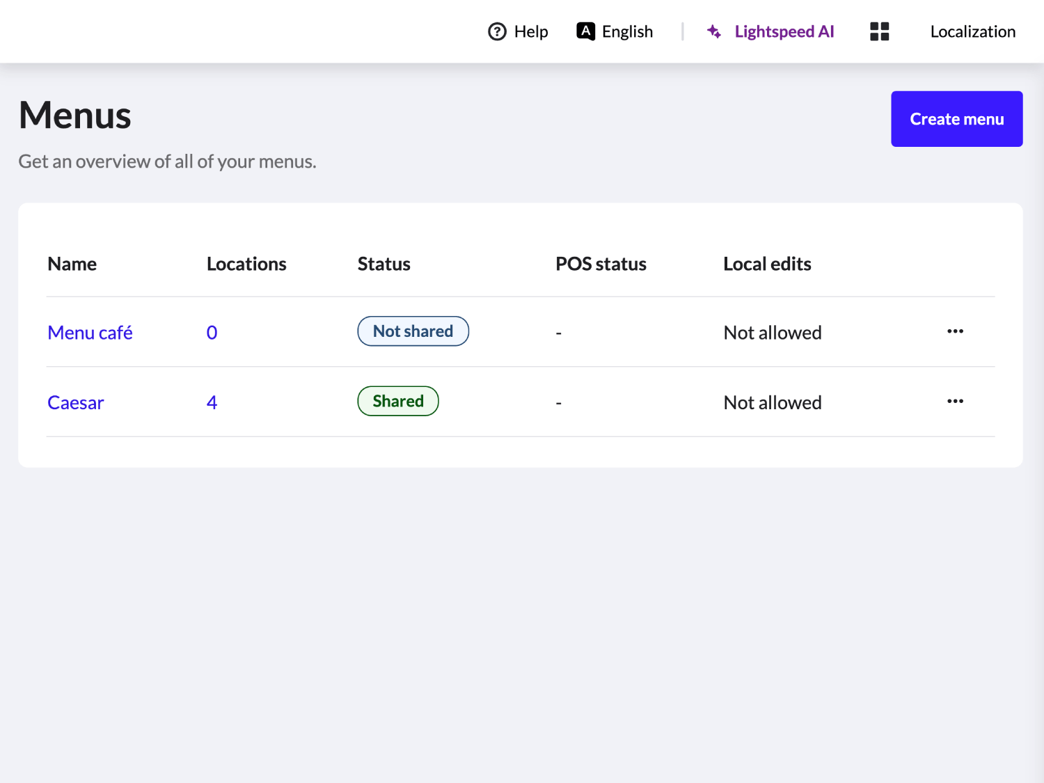 'Menus' page in Locations Manager with two menus displayed.