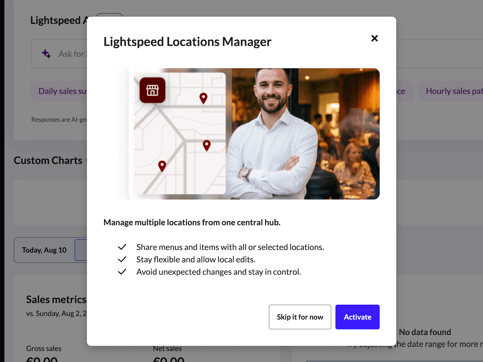 A prompt explaining the benefits of the Locations Manager with options for 'Activate' or 'Skip'