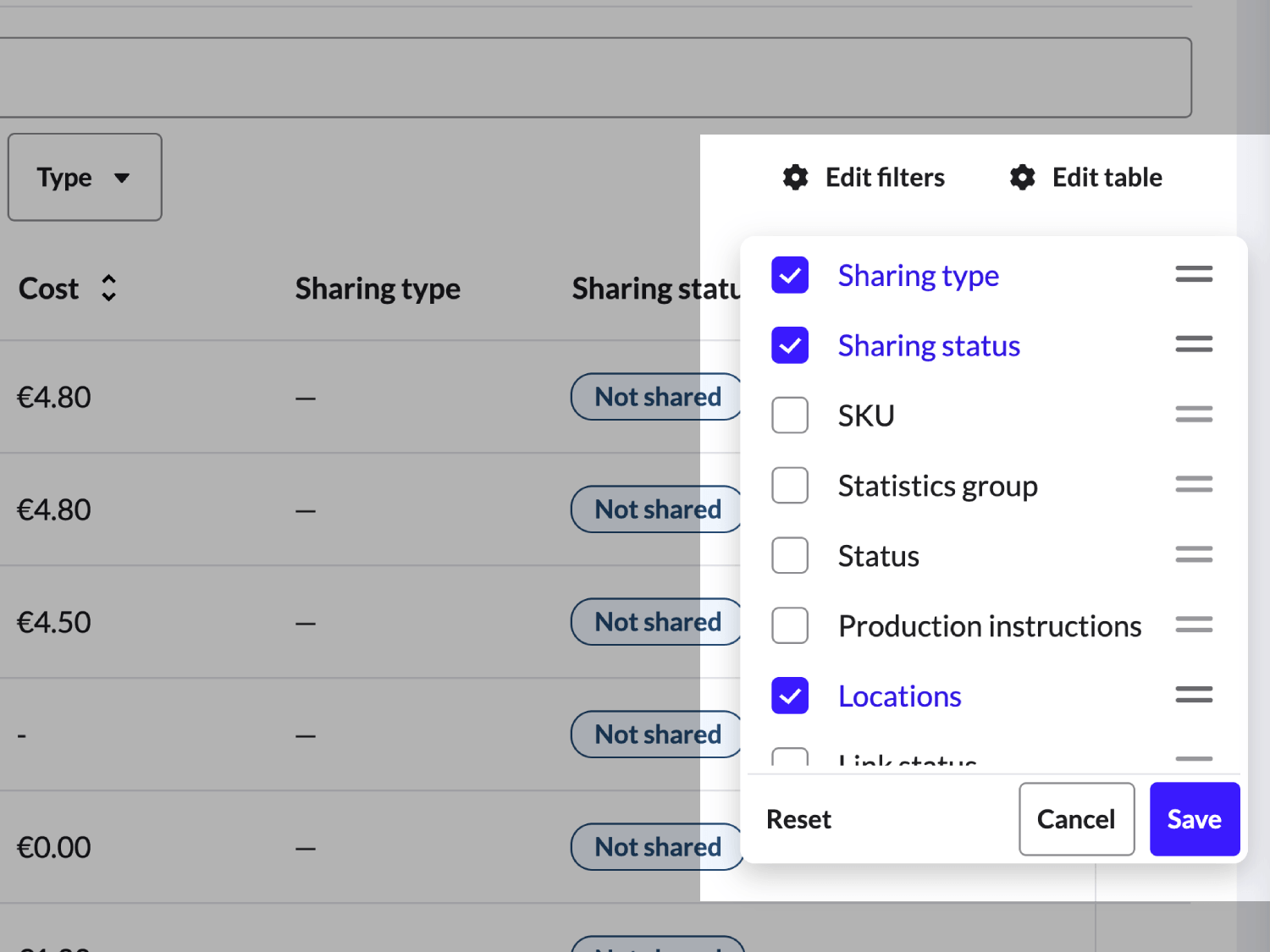 Items list with filter panel expanded and sharing columns enabled