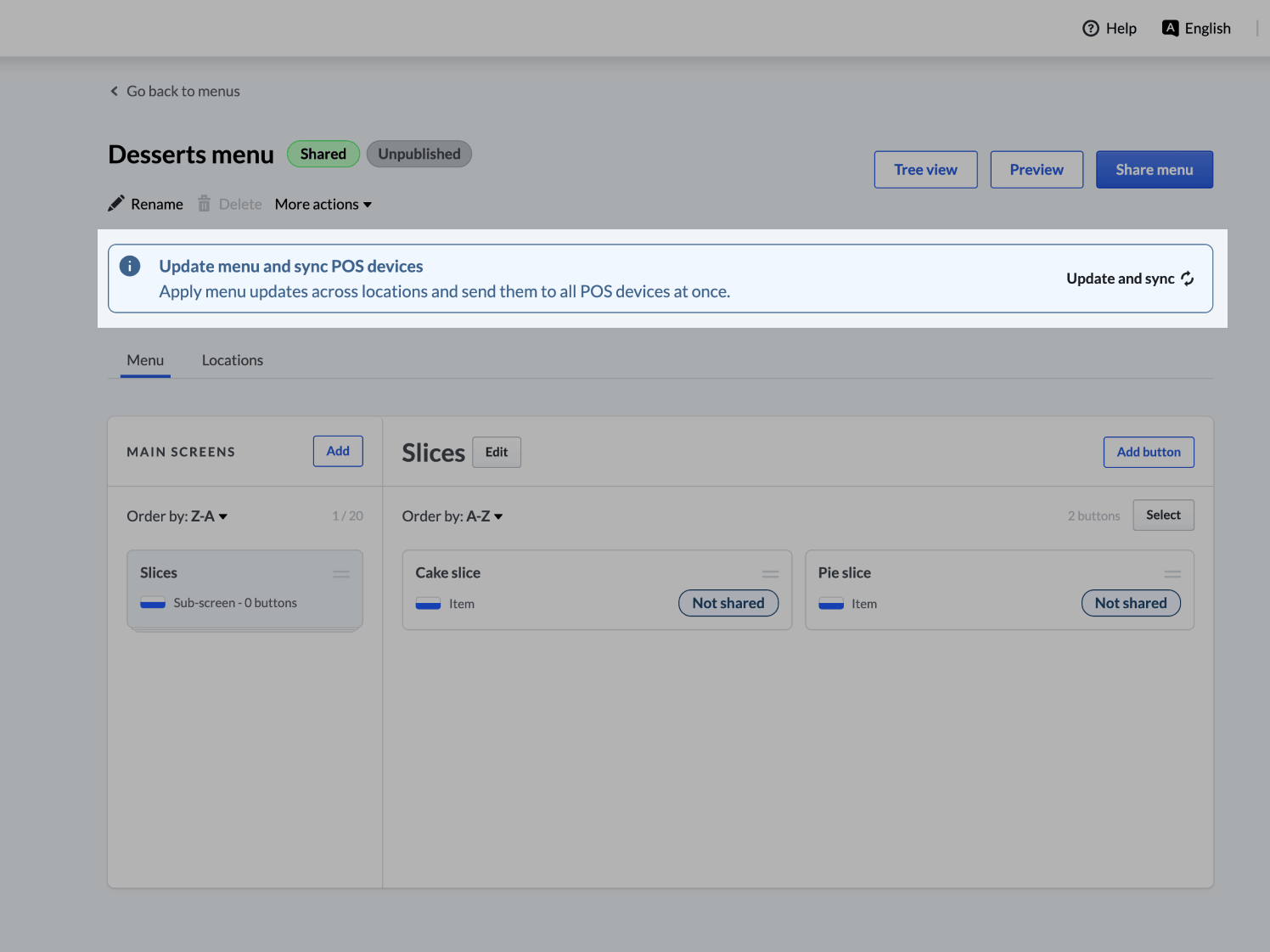 A dessert menu with 'Update and sync' banner highlighted.