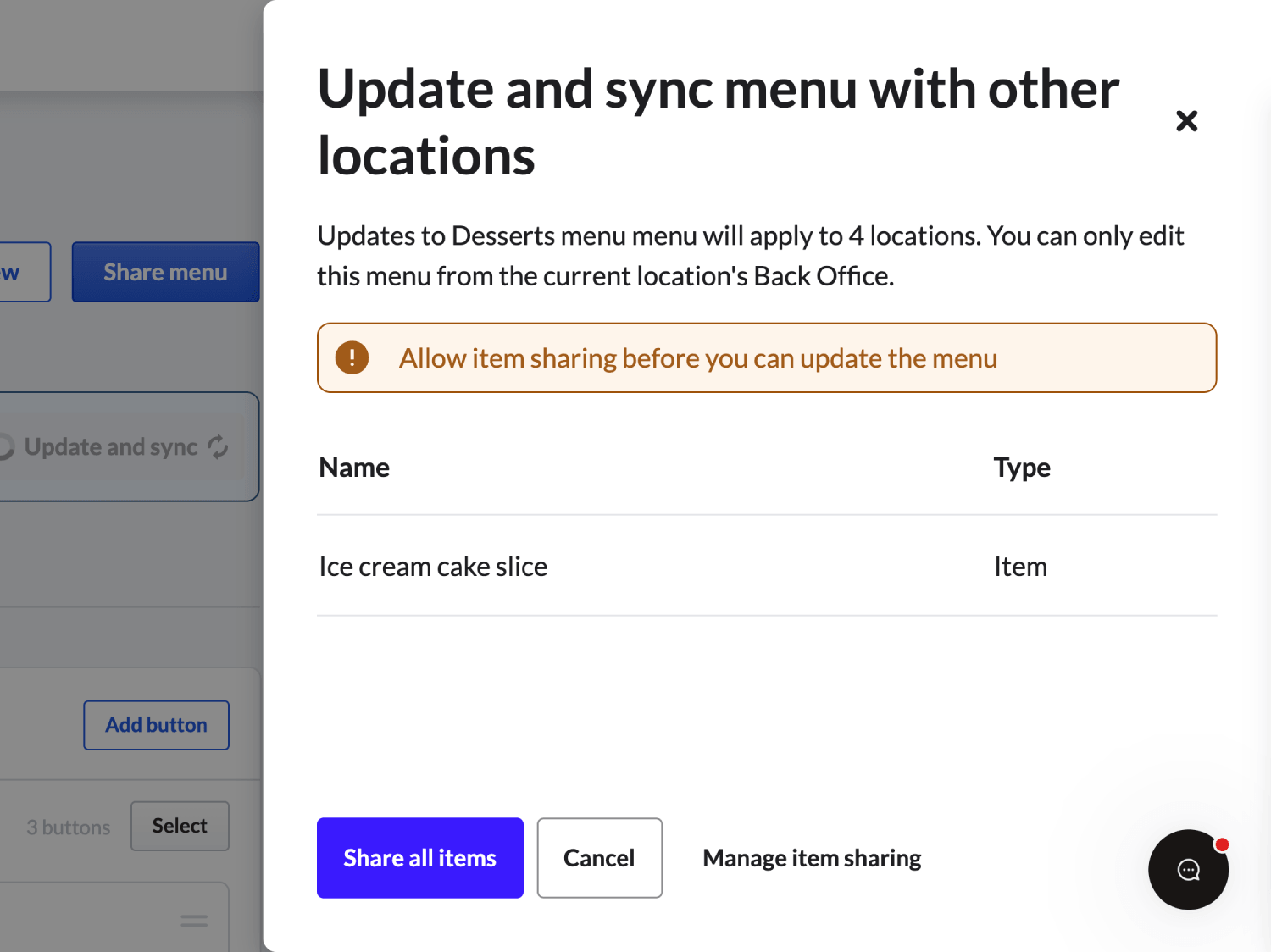 The 'Share all items' prompt asking to share a single item across locations.