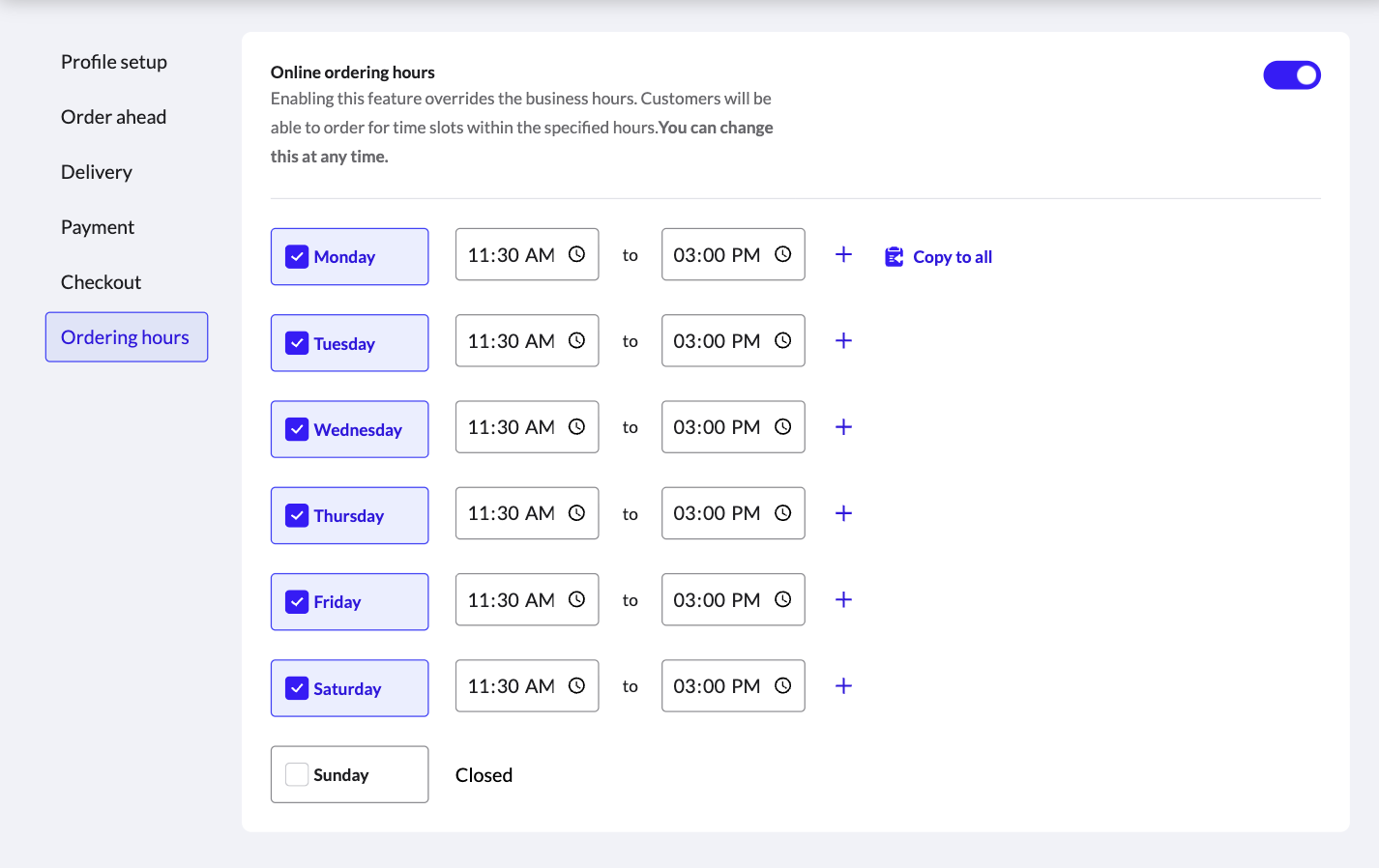The Ordering hours page