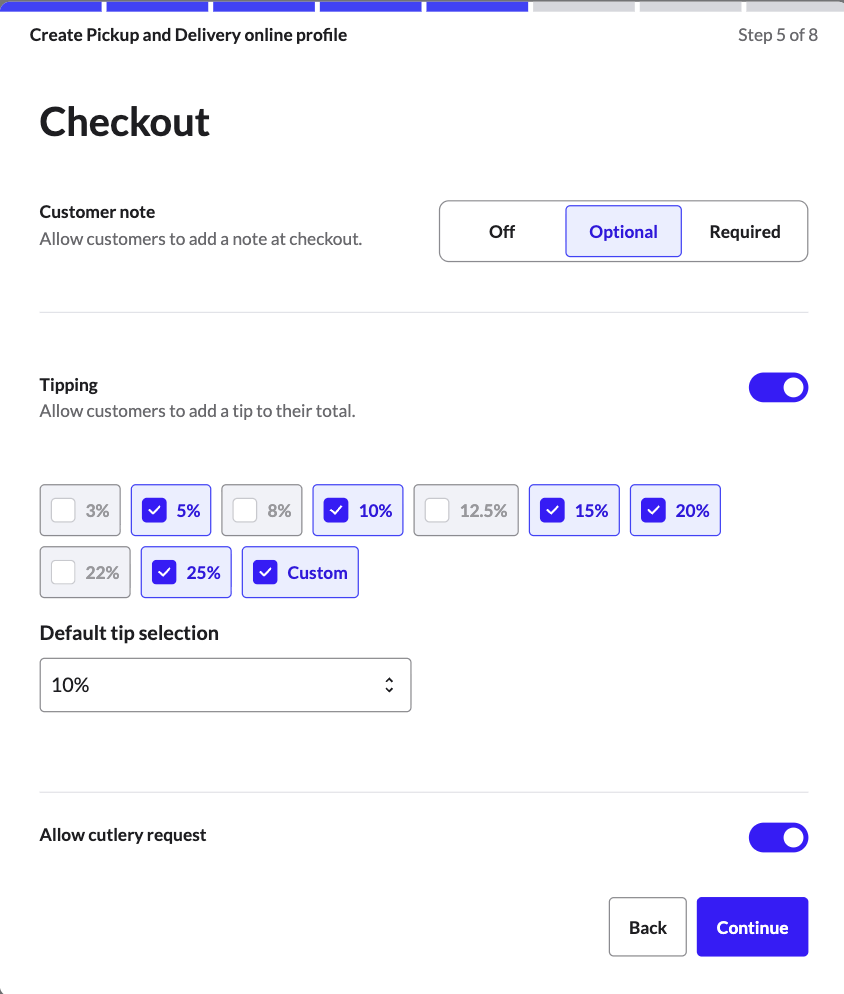 The Checkout page for Pickup and delivery profiles