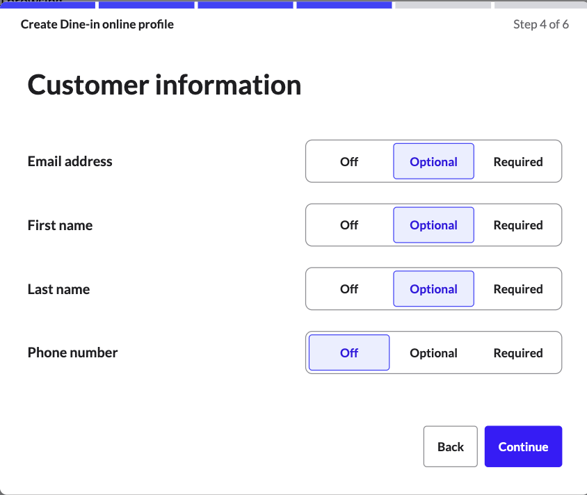 The customer information page for dine-in