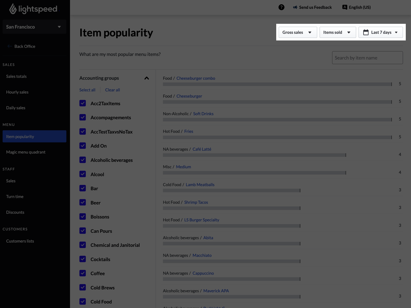 The Menu reports main page with the filtering options highlighted