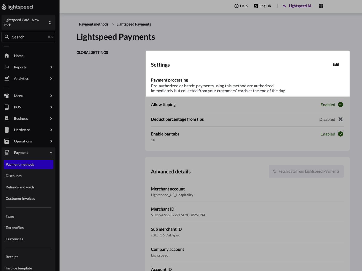 The global settings section for the Lightspeed Payments payment method.