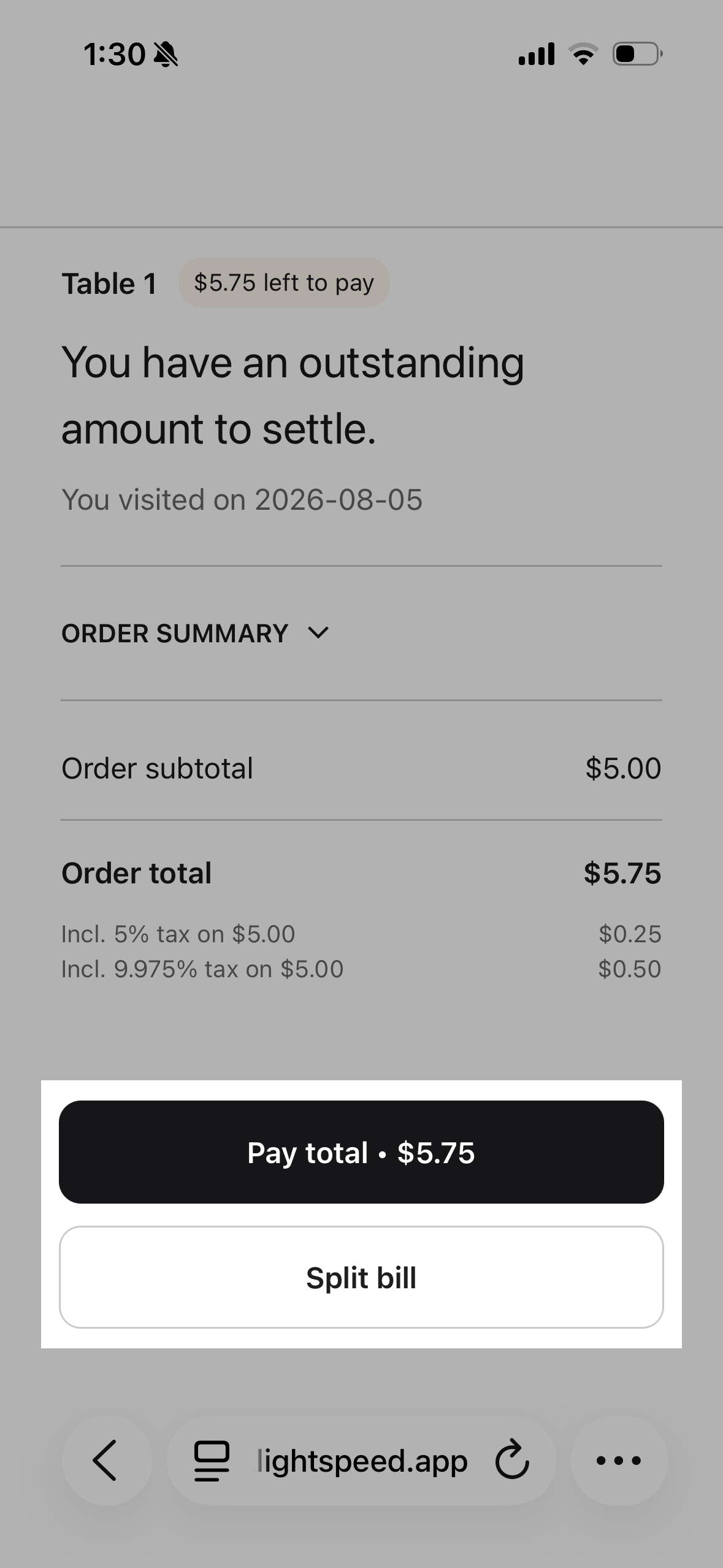Scan to Pay screen with item list and order total. Pay total and Split bill buttons are outlined near the bottom.