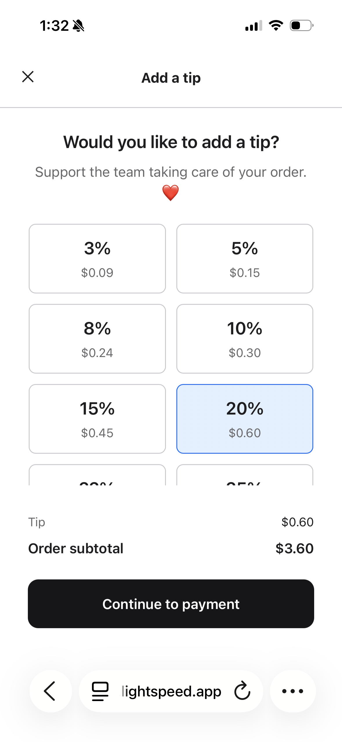 Scan to Pay screen with tip percentage buttons and a Continue to payment button.