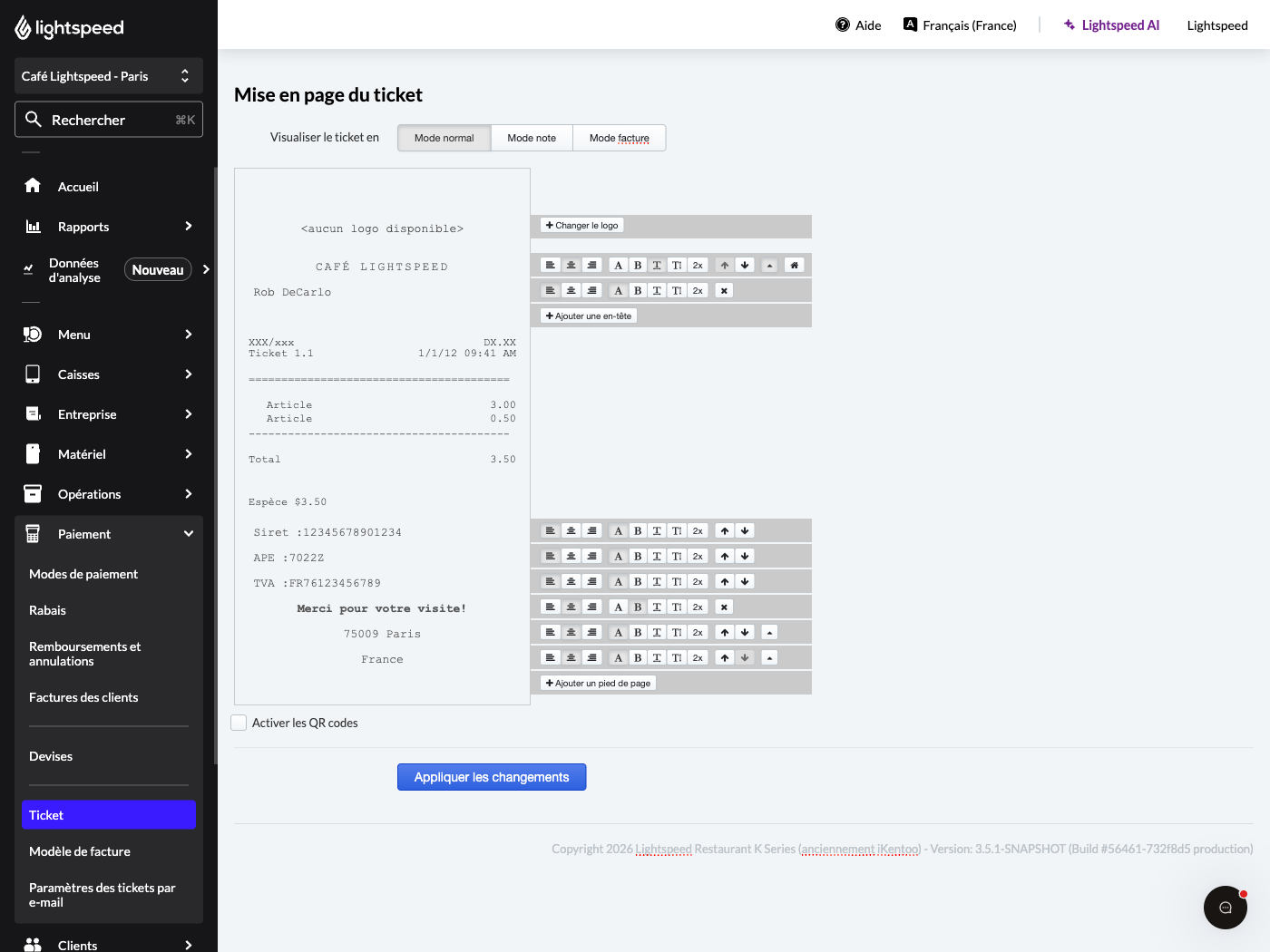 Receipts page in Back Office