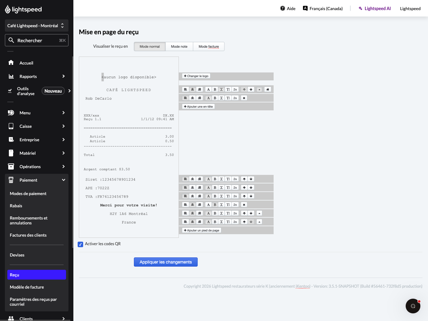 Receipts page in Back Office