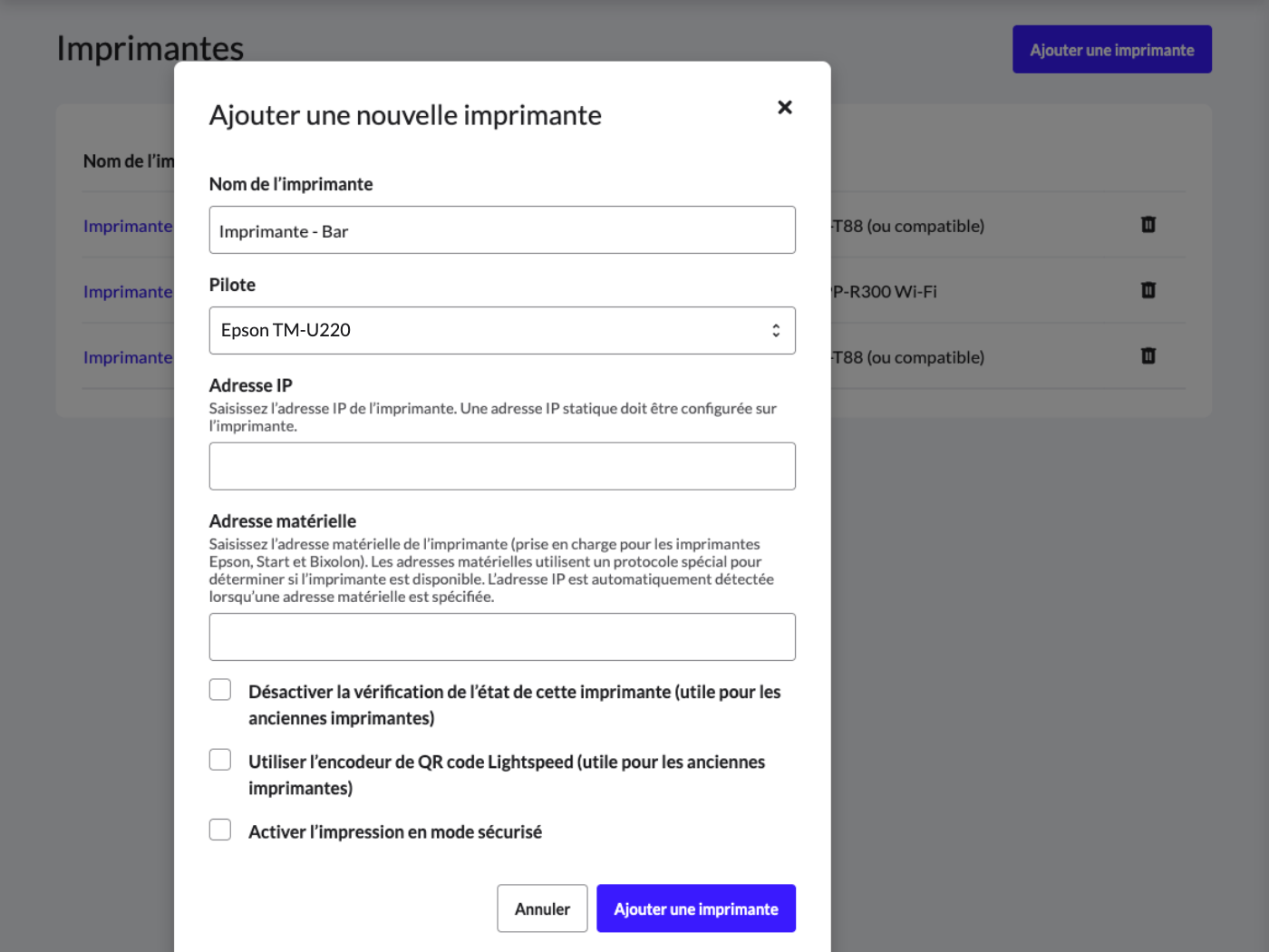 Fenêtre contextuelle d’ajout d’une nouvelle imprimante à Lightspeed Restaurant