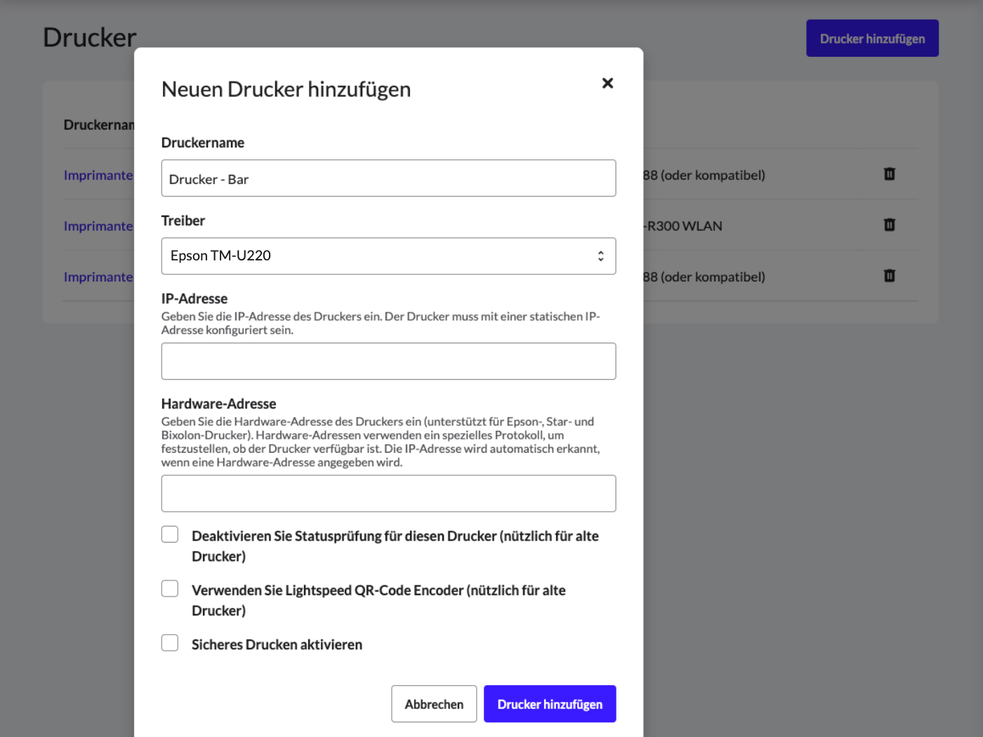Das Popup-Modal zum Hinzufügen eines neuen Druckers zu Lightspeed Restaurant