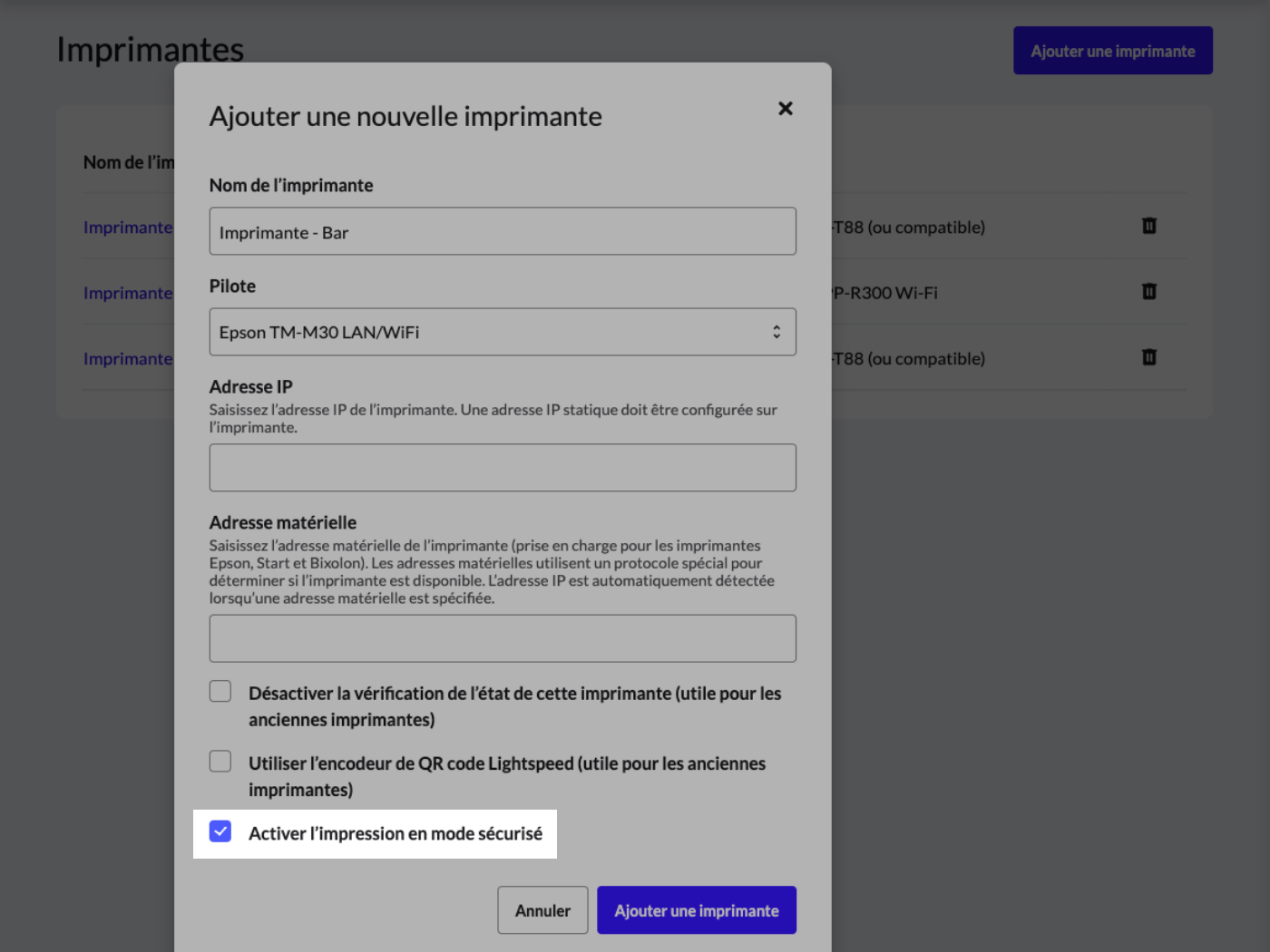 La case Activer l’impression sécurisée est cochée et mise en évidence.