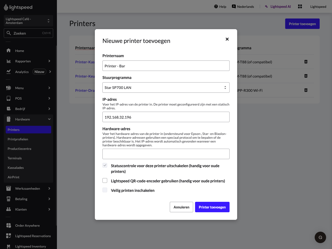 Het pop-upvenster om een nieuwe printer toe te voegen aan Lightspeed Restaurant.