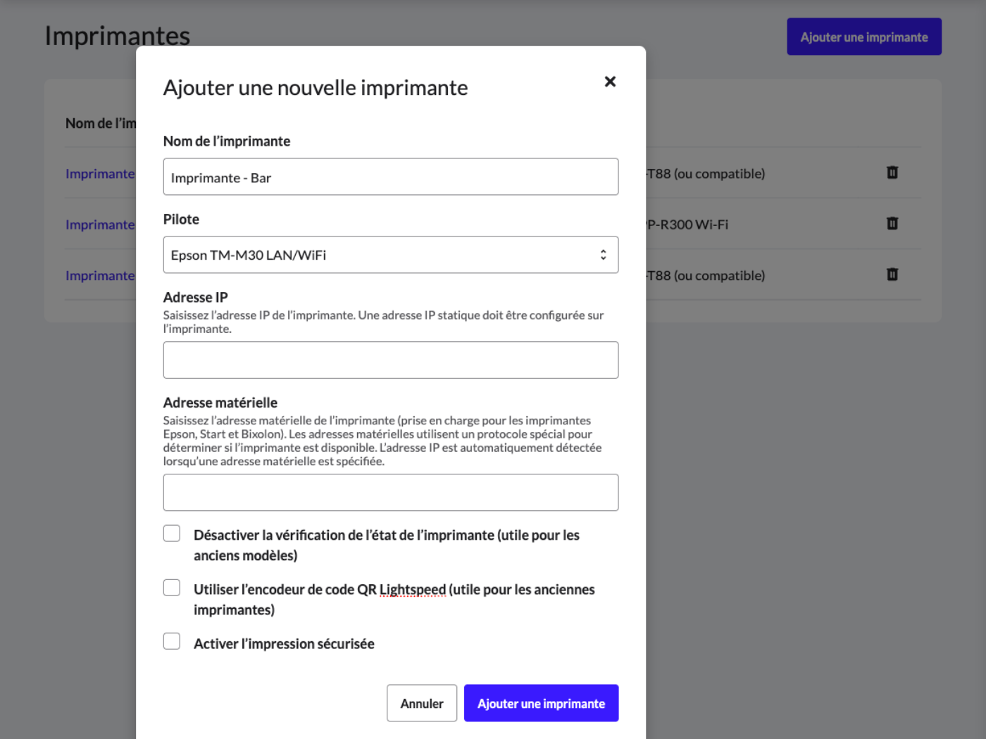 Fenêtre contextuelle permettant d’ajouter une nouvelle imprimante à l’arrière-boutique Lightspeed restaurateurs.