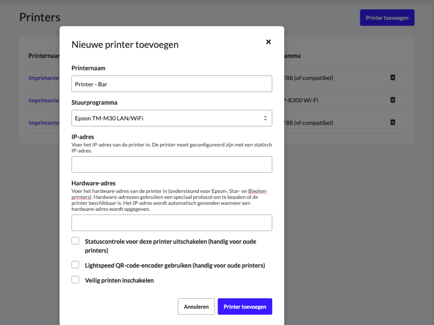Het pop-upvenster om een nieuwe printer toe te voegen aan Lightspeed Restaurant.